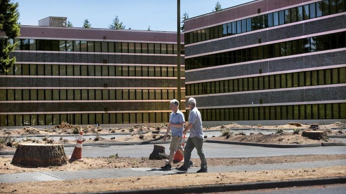 The parking lot of the Woodland Square Loop complex sits bare after being cleared of trees and shrubbery in Lacey.