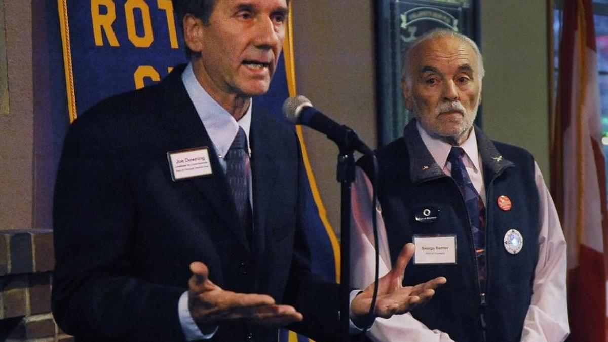 
Challenger Joe Downing (left) and Port of Olympia District 1 incumbent George Barner answer questions from the audience during the October 7th meeting of the Gateway Rotary Club at O'Blarney's Irish Pub in Olympia.
