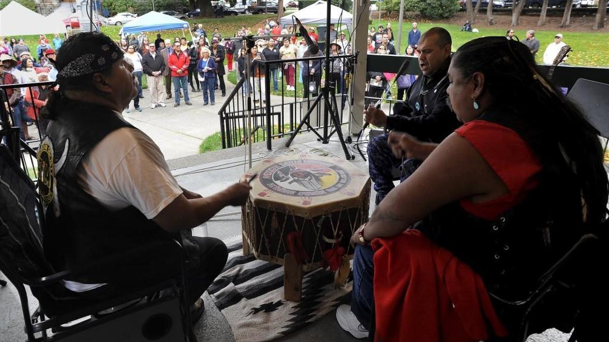 
Members of the Portland AIM Drum Group open Olympia’s first Indigenous Peoples Day celebration Monday at Sylvester Park.
