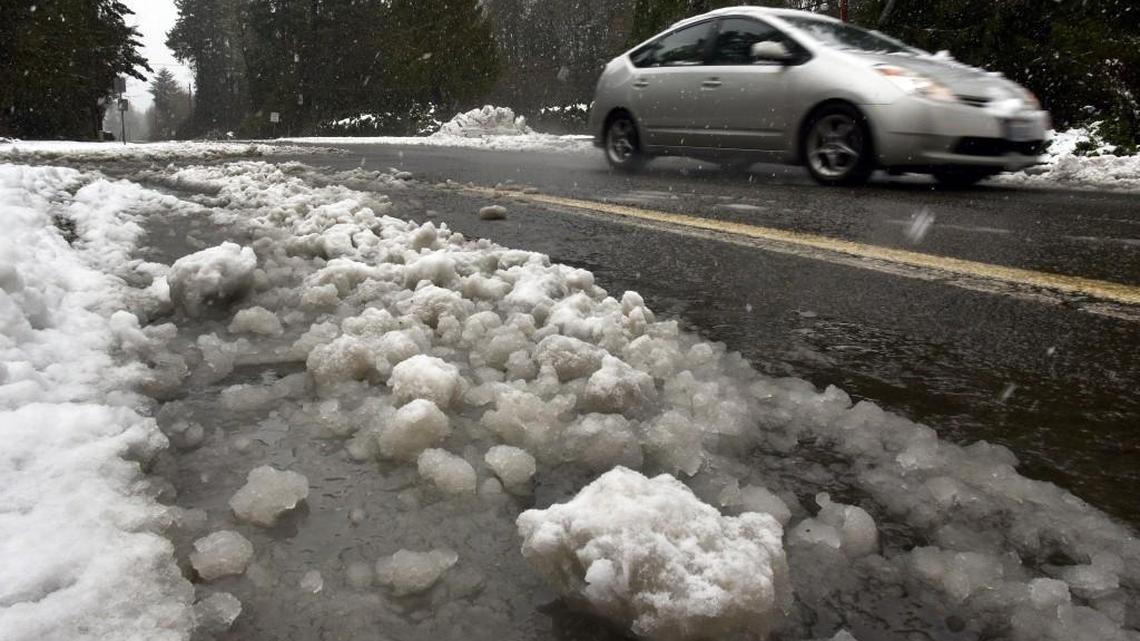 Melting slush piles up on East Bay Drive near Olympia’s Priest Point Park in February.