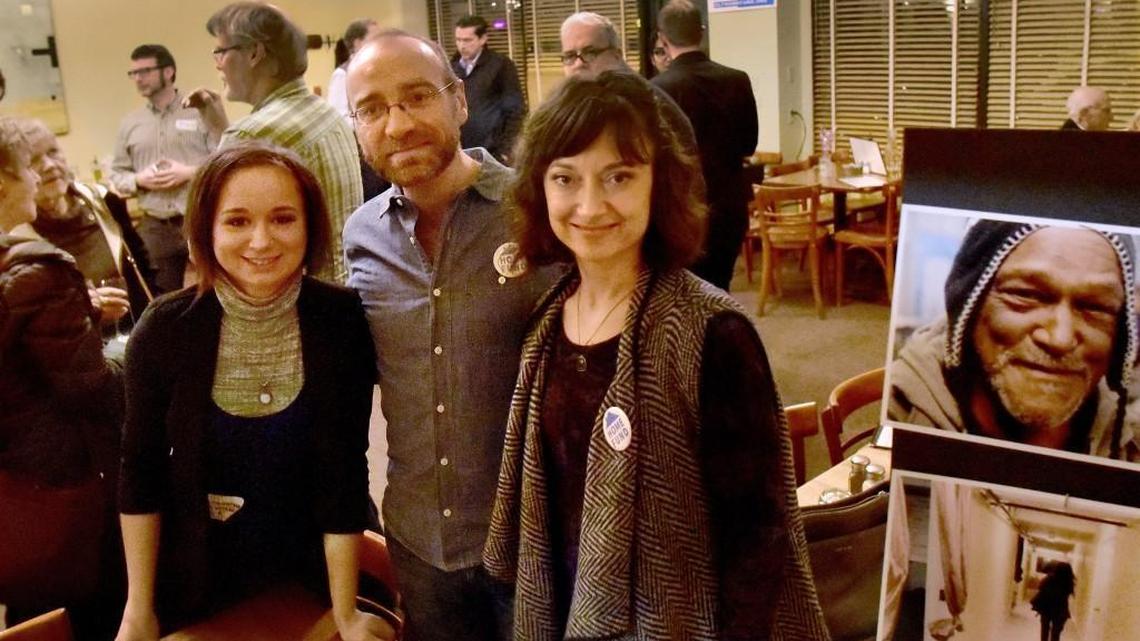 Home Fund campaign manager Sara Develle, left, with co-chairs Jessica Bateman and Phil Owen join supporters at an election night party at Ramblin Jack’s in Olympia.
