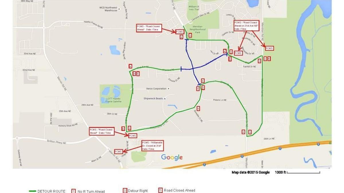
This city of Lacey-generated map shows how traffic will be diverted during a roundabout closure set for 6 a.m. Wednesday, Sept. 23.
