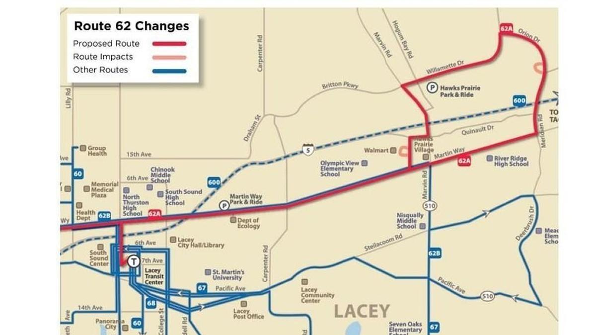 An image of how route 62A would change and serve northeast Lacey if Intercity Transit is able to follow through on some steps to improve on-time performance.