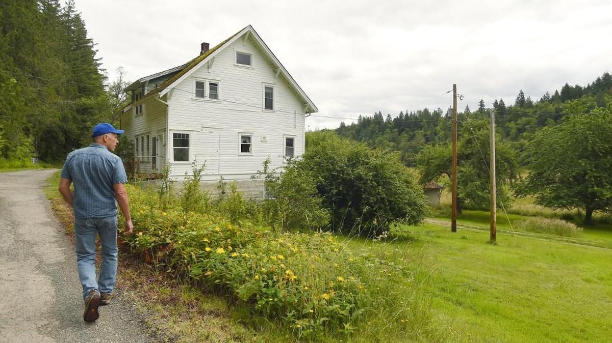 Nisqually Land Trust Executive Director Joe Kane gives a June 21st tour of the former four-generation Burwash family farm in Ohop Valley. The Eatonville School District is considering turning the historic homestead and its remaining structures into an ag-based, STEM campus. The Nisqually Land Trust annual meeting and salmon bake is Sunday.