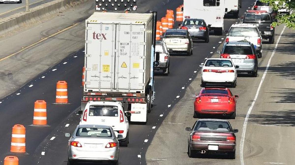 I-5 northbound drivers slog through two lanes on Sunday as they approach construction at the Pacific Avenue bridge.