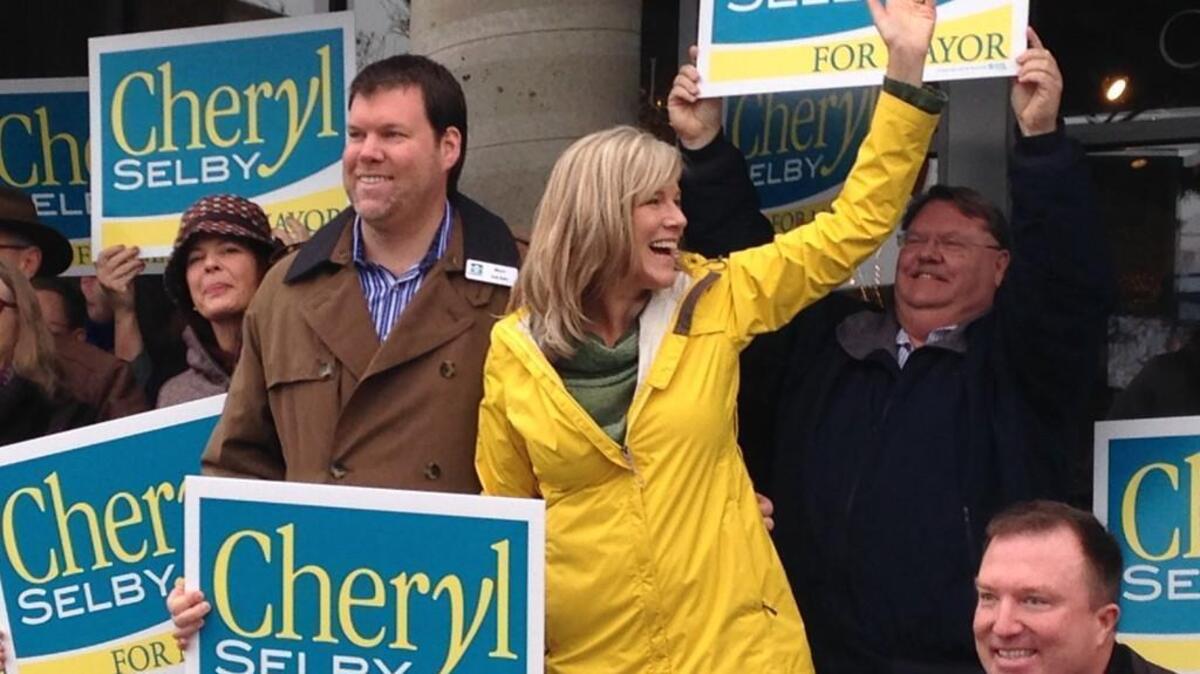 Olympia City Councilwoman Cheryl Selby officially kicked off her mayoral campaign Monday, Jan. 5, 2015, while surrounded by supporters outside her downtown clothing business, Vivala.