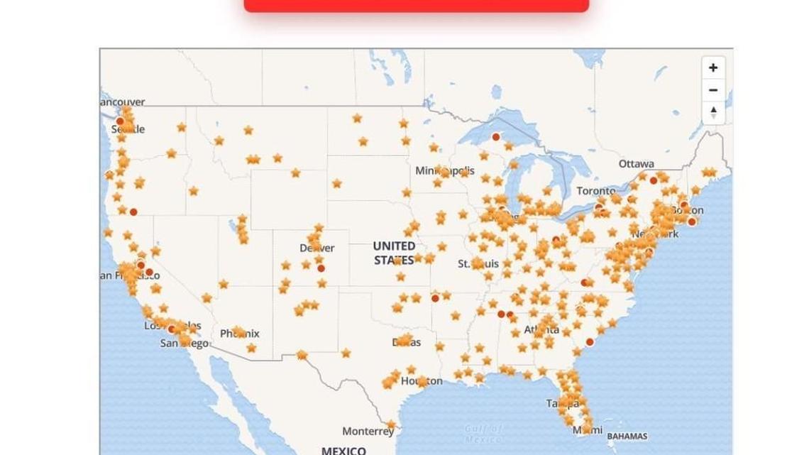 This is a screen shot of a map on Verizonprotest.com that highlights areas where protests in support of net neutrality are planned on Thursday.