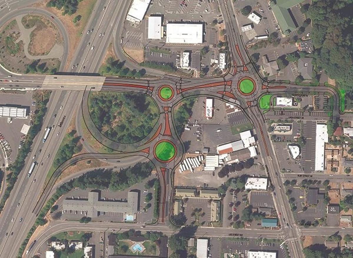 The plan is to put a roundabout at the intersection of Capitol and Trosper Road, another one at the northbound Interstate 5 ramps on Trosper, and a third one on a new north-south street parallel to Capitol.
