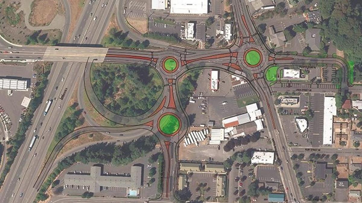 The plan is to put a roundabout at the intersection of Capitol and Trosper Road, another one at the northbound Interstate 5 ramps on Trosper, and a third one on a new north-south street parallel to Capitol.