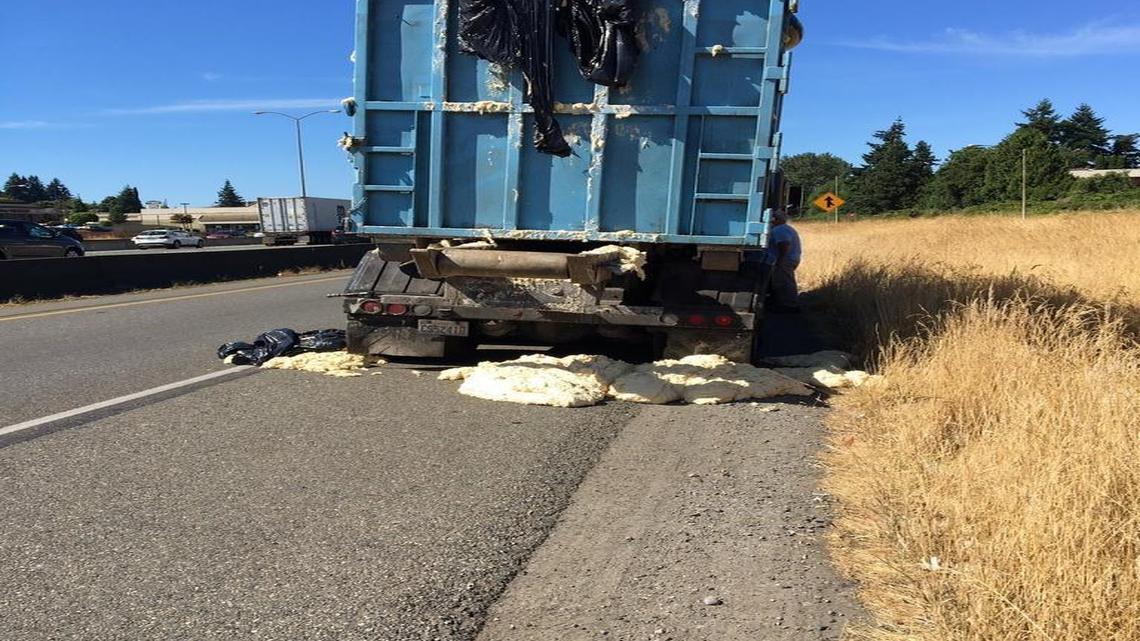 Bread dough leaks near northbound I-5 in Tacoma on Monday afternoon.