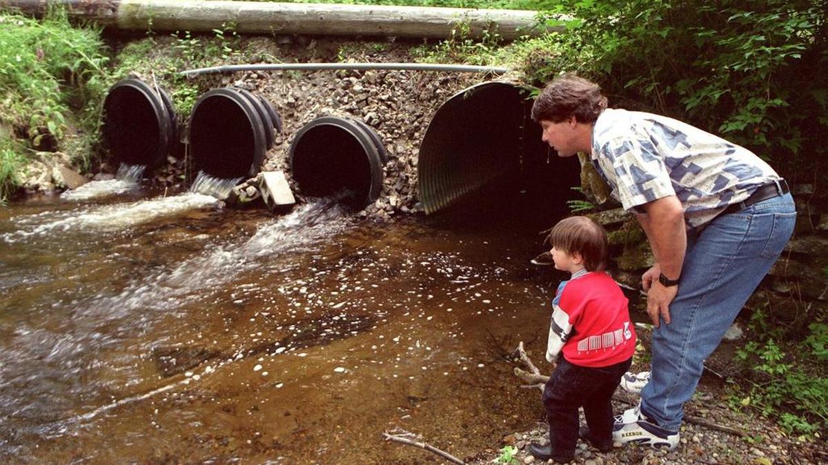 Larry Oathout inspects Minter Creek on the Key Peninsula with his son Solomon, 4, in 2011. The five culverts at the location make it difficult for spawning salmon to migrate through during high water. The Supreme Court will review a court order that could force Washington state to pay billions of dollars to restore salmon habitat by removing barriers that block fish migration.
