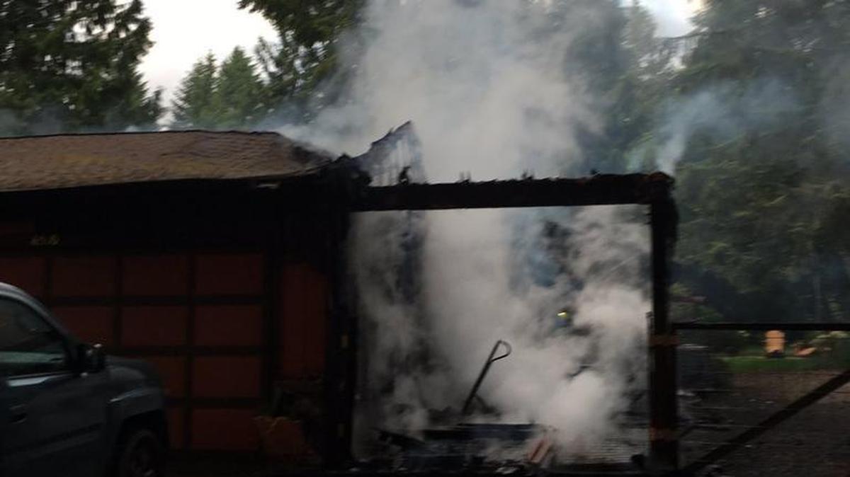 A garage was destroyed by fire in the 6500 block of Waldron Drive SE on Saturday.