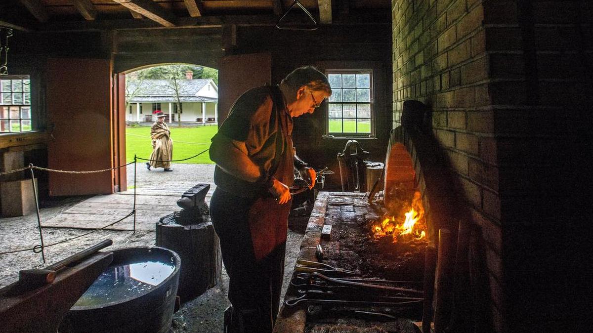 Blacksmith Ray Baker at work in the Fort Nisqually Living History Museum in Point Defiance Park, March 8.