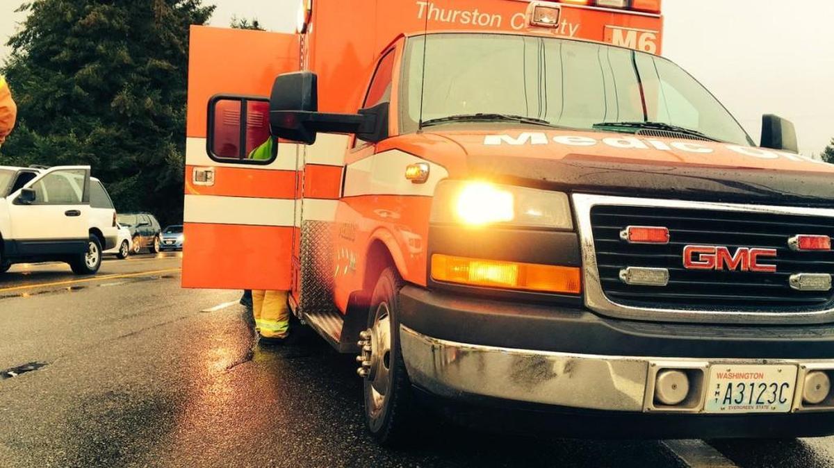 A Lacey Fire medic unit responds Monday afternoon to a pedestrian being struck in a Pacific Avenue intersection near the city. The woman who was struck by a vehicle was seriously injured and transported to Providence St. Peter Hospital in Olympia.