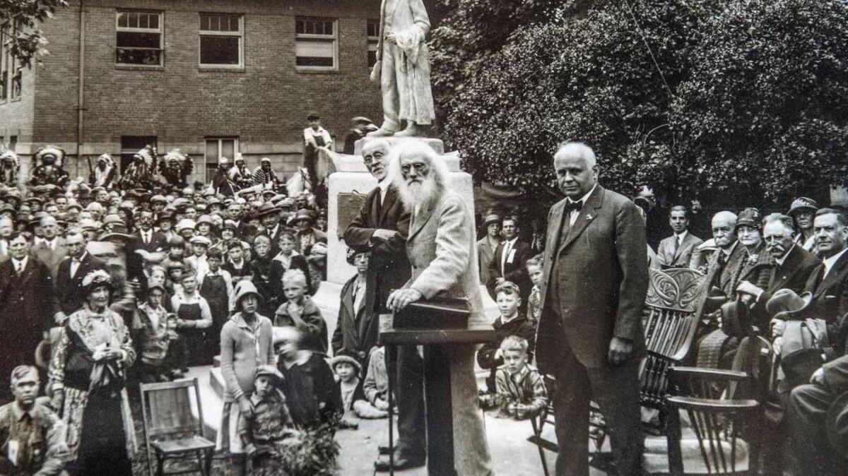 Pioneer Ezra Meeker sports his trademark long white beard while surrounded by admiring citizens and officials at the dedication of the Pioneer Monument and a Ezra Meeker statue Sept. 14, 1926, at what is now Pioneer Park. Thursday at the historic Schmidt House, the free monthly noon history talk features Dennis Larsen speaking about Meeker. Doors open at 11:30 a.m. Information: olytumfoundation.org or 360-786-8117. The Schmidt House is just off Custer Way at 330 Schmidt Place, Tumwater.