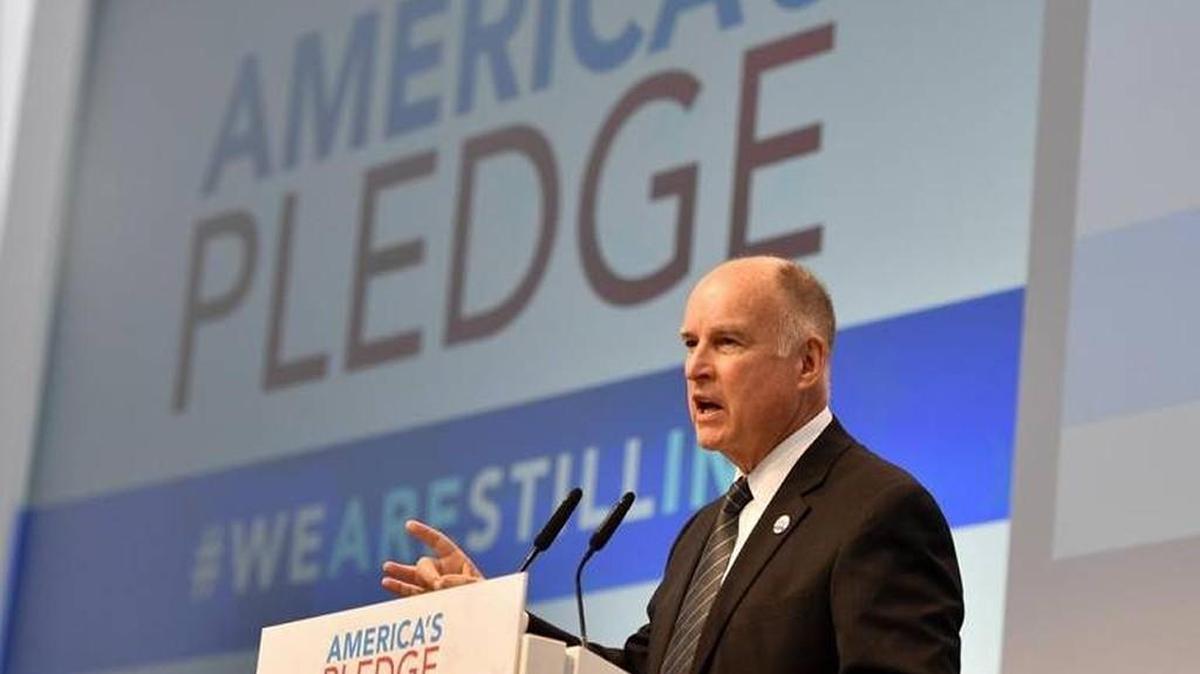 Gov. Jerry Brown speaks in the U.S. Climate Action Center at the COP 23 Fiji UN Climate Change Conference in Bonn, Germany, Saturday, Nov. 11, 2017.