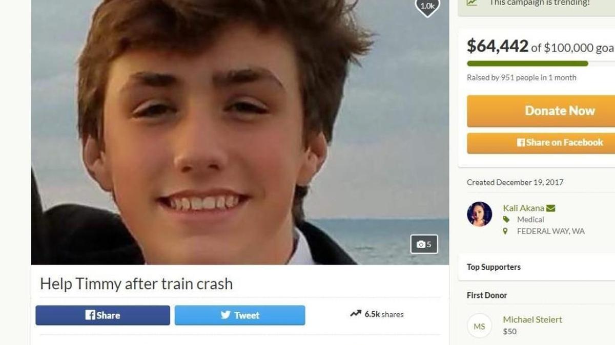 An online fundraiser for 16-year-old Timmy Brodigan, who was critically injured in the Amtrak derailment, has raised nearly $65,000. Tumwater Fire crews visited the teen at Seattle Children’s Hospital on Tuesday.