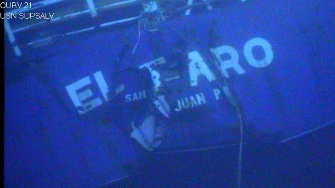 This image made from a video released April 26, 2016, by the National Transportation Safety Board shows the stern of the sunken ship El Faro. Amid howling winds, blinding squalls and massive waves, the freighter El Faro and its crew struggled for survival, unaware that their course was taking them directly into the path of Hurricane Joaquin. All 33 crew members were killed.