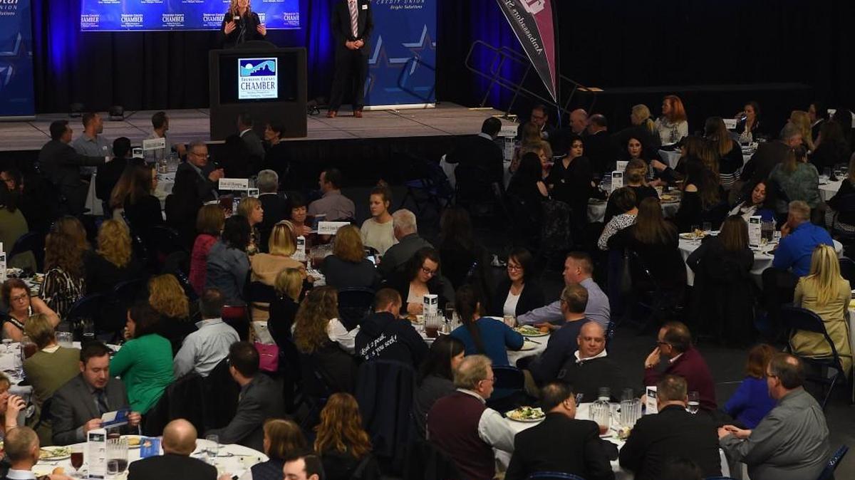 Twin Star Credit Union Business Development Manager Alexis Miller addresses the noon audience during the annual Best of South Sound awards luncheon Wednesday at the Saint Martin's University's Marcus Pavilion.