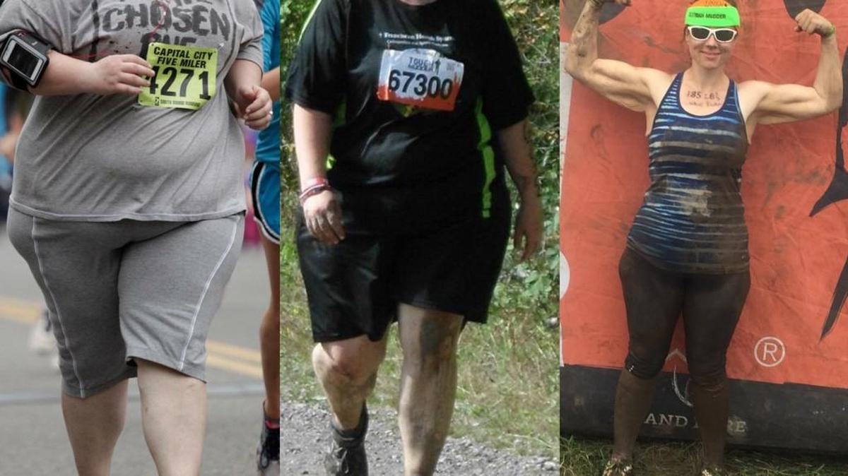 A three-photo series showing the dramatic weight-loss by runner Charlotte McLaughlin over the past several years.