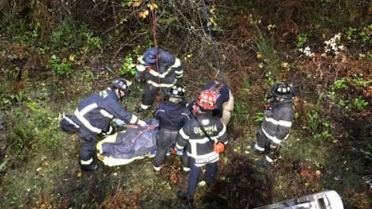 The man had to be lifted out using ropes attached to a fire truck ladder, which took about an hour and a half.
