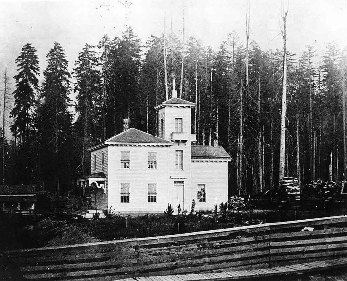 Edmund Sylvester, founder of Olympia, and his wife Clara Pottle Sylvester, had an imposing Italianate mansion built in the mid-1800s. It was located one block south of what is now Sylvester Park, on Main Street, now Capitol Way. This image is likely from the 1860s.