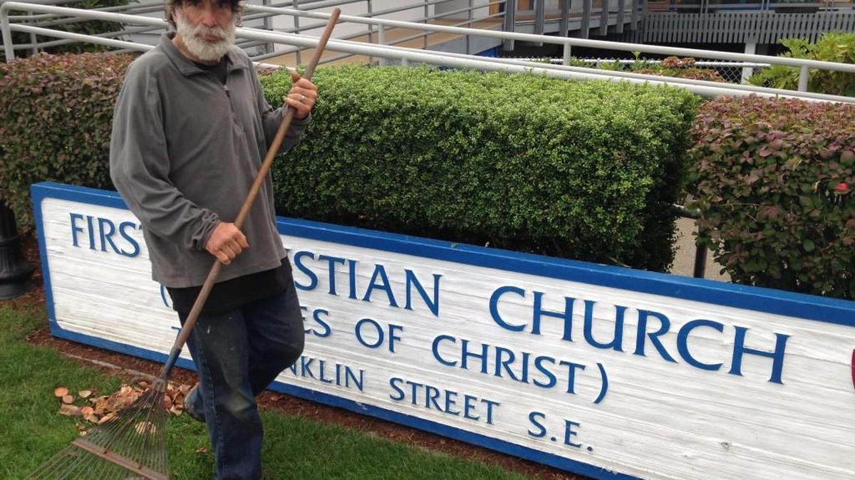 Pat Gallaher is a homeless resident who helps clean up First Christian Church and surrounding properties in downtown Olympia. A disaster planning meeting is scheduled at the church on Monday.