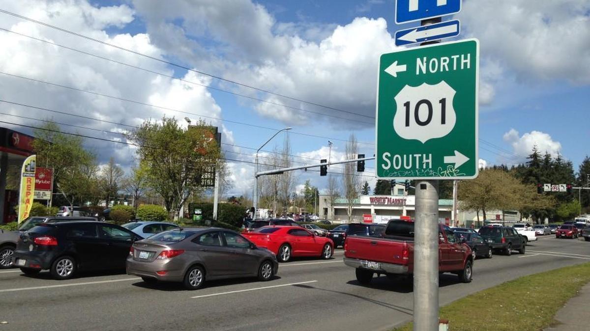 FILE PHOTO: Vehicles line up along Black Lake Boulevard to turn left onto Cooper Point Road in west Olympia at one of the city's most congested intersections. City officials expect two additional ramps planned for U.S. Highway 101 to reduce traffic congestion during peak times.
