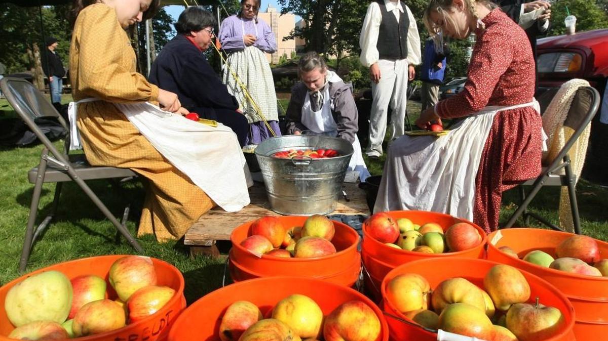 
Dressed in frontier period costuming, students from the Tumwater Middle School's homesteaders class prepare apples for the cider press as part of the Cider Sunday event.Steve Bloom/The Olympian
