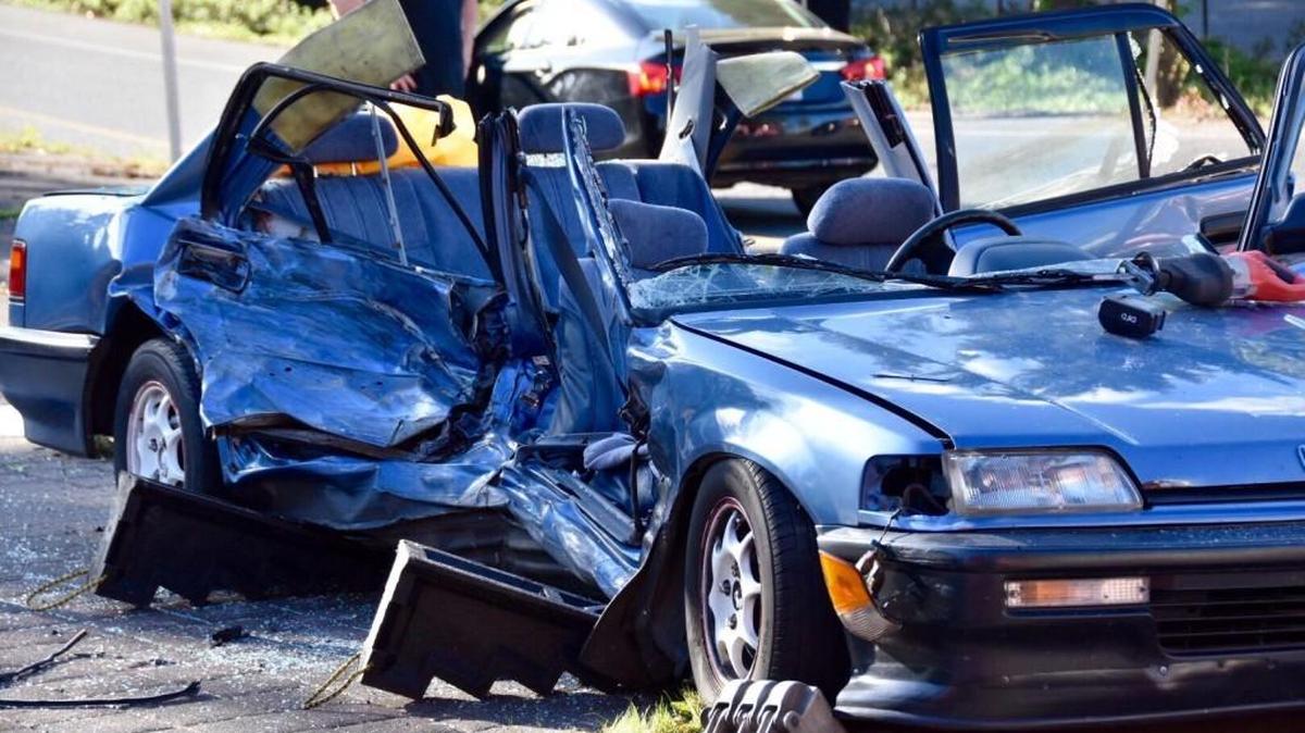 One of the vehicles damaged in a crash that happened about 5 p.m. Saturday at Sleater Kinney Road Southeast and the southbound I-5 on-ramp.