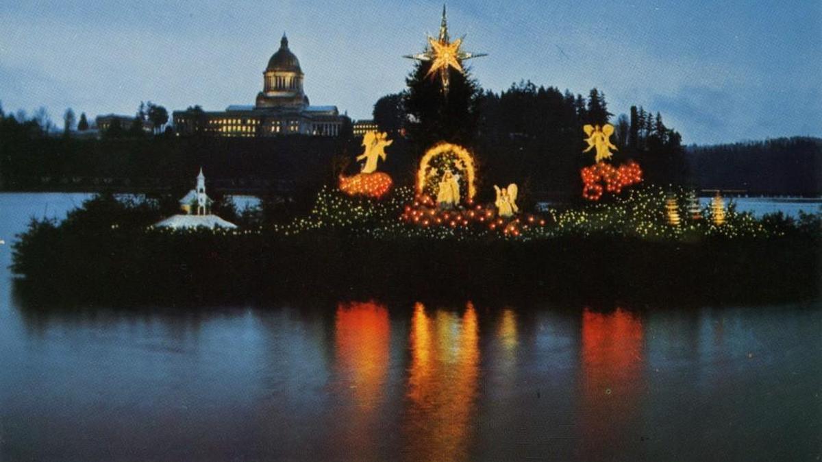 In the 1940s Frank Huber created and displayed a life-size creche on his front lawn, where it was a popular seasonal attraction. In 1959, a coalition of partners acquired the display to create "Christmas Island," a twinkling raft afloat in the middle of Capitol Lake. Sponsors erected the display annually until the early 1970s, when it was moved to the Sears parking lot, then to the Metro Church on Puget Street. When the congregation moved to Maytown, the display went along with it, where it can still be seen during the holiday season. For more information, visit olympiahistory.org.