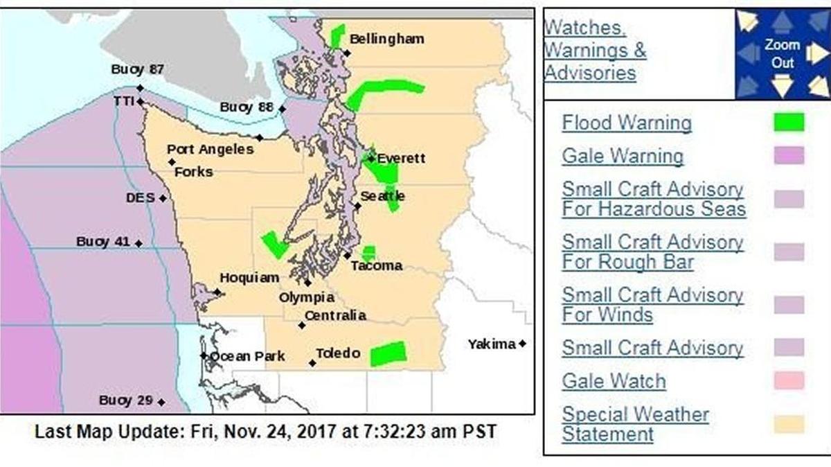 Flood warnings were in effect around Puget Sound on Friday.