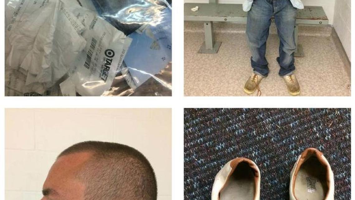 These photos of Michael Caton at the time of his arrest May 20 were obtained from the Lacey Police Department through a public records request. The photos also show a close-up of his shoes and the items he was carrying.