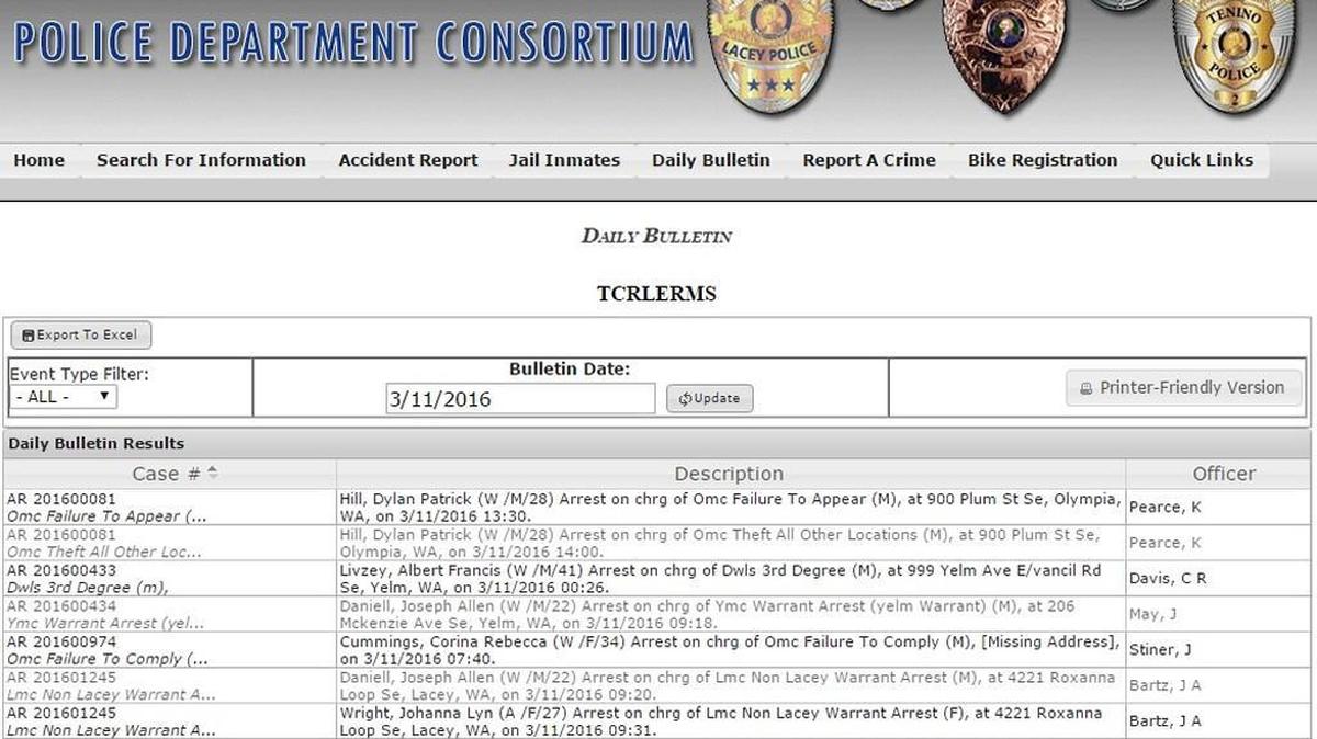 Residents are able to view a daily bulletin of crime in Olympia, Lacey, Tumwater, Yelm and Tenino through a new website.