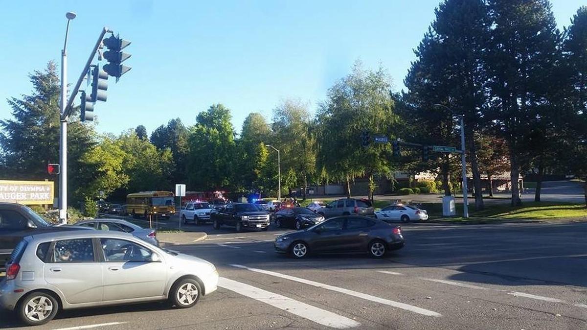 The scene Monday morning at Cooper Point Road and Capital Mall Drive in west Olympia following a pursuit by Washington State Patrol troopers.