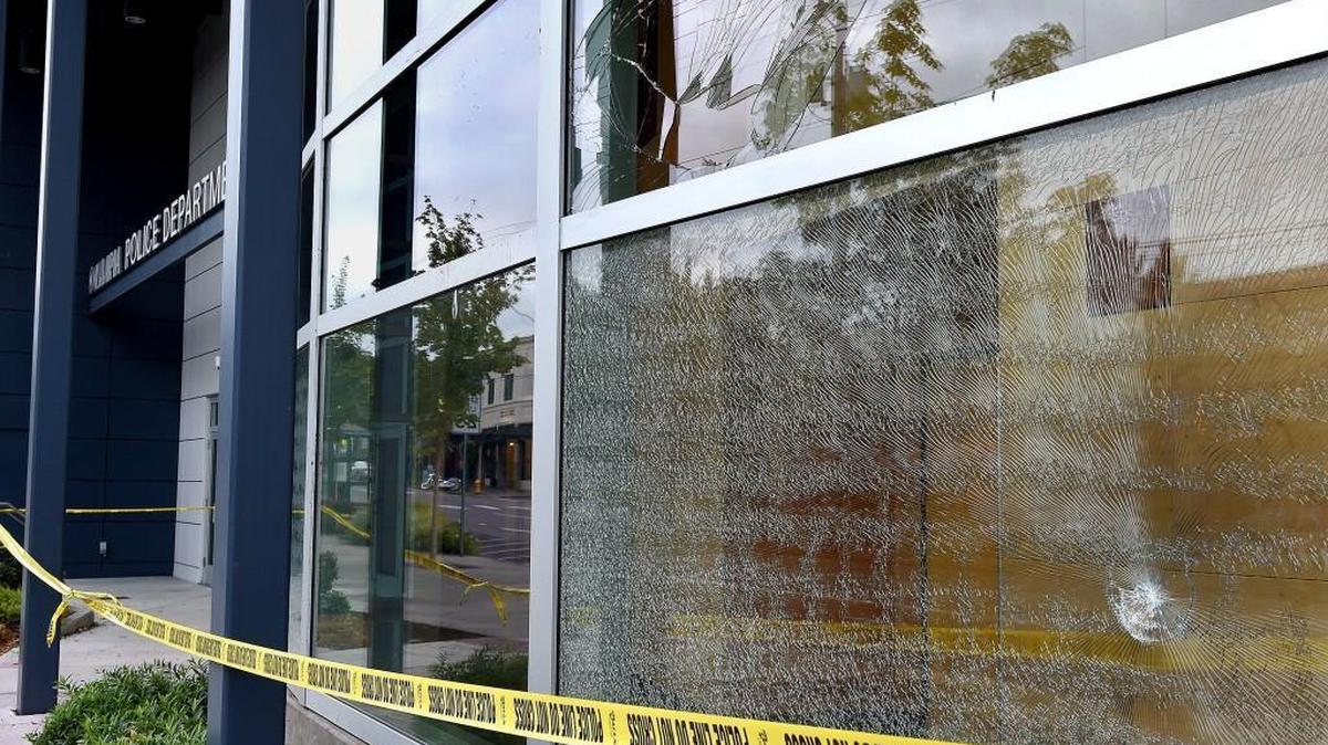 
Damage to glass doors and window at the Olympia City Hall from Saturday's late night vandalism incident is still evident on Monday, Sept.7.
