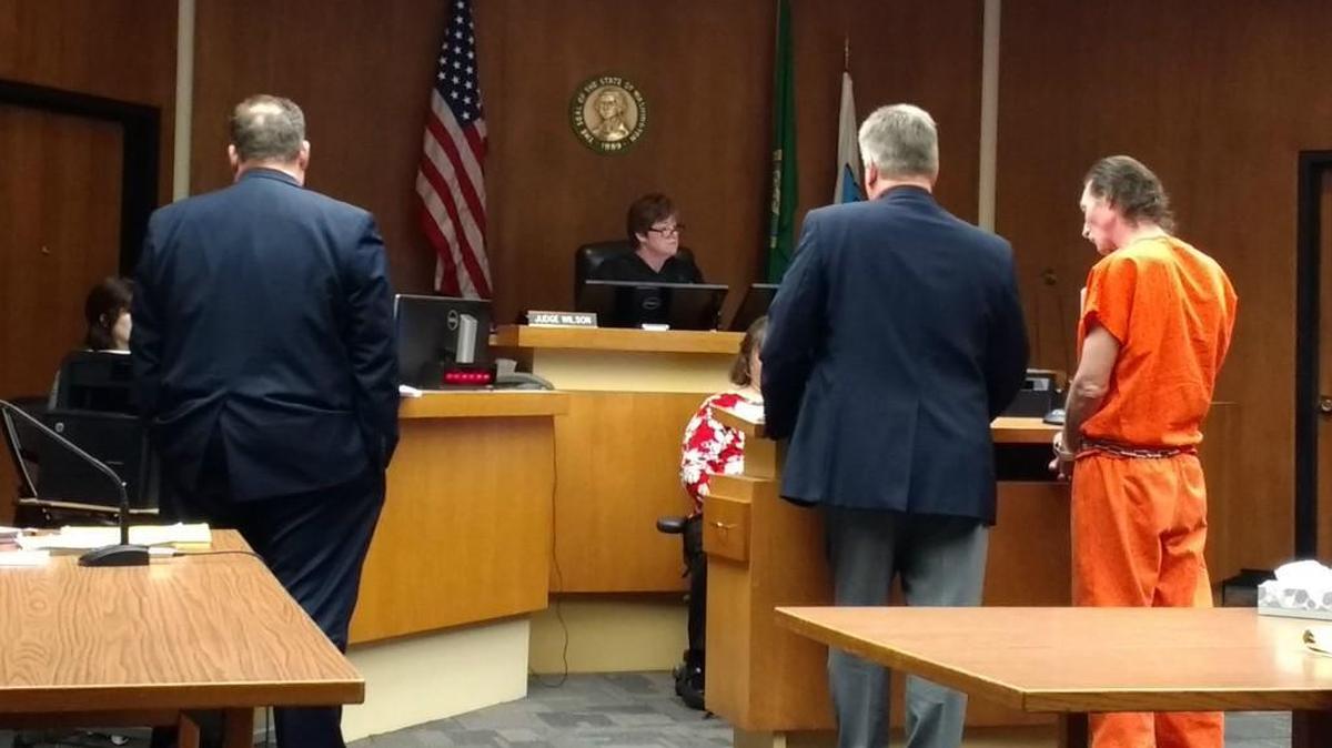 Kris Keith Bennett, right, is one of 23 people arrested in a Washington State Patrol child sex sting. He was sentenced to six years to life in prison Monday by Judge Mary Sue Wilson, center. Deputy Prosecutor Craig Juris, left, and attorney Paul Strophy, second from right, were present.