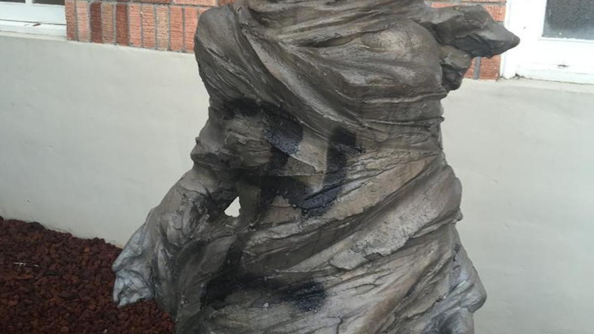 A statue standing outside Temple Beth Hatfiloh in Olympia was vandalized with a swastika.