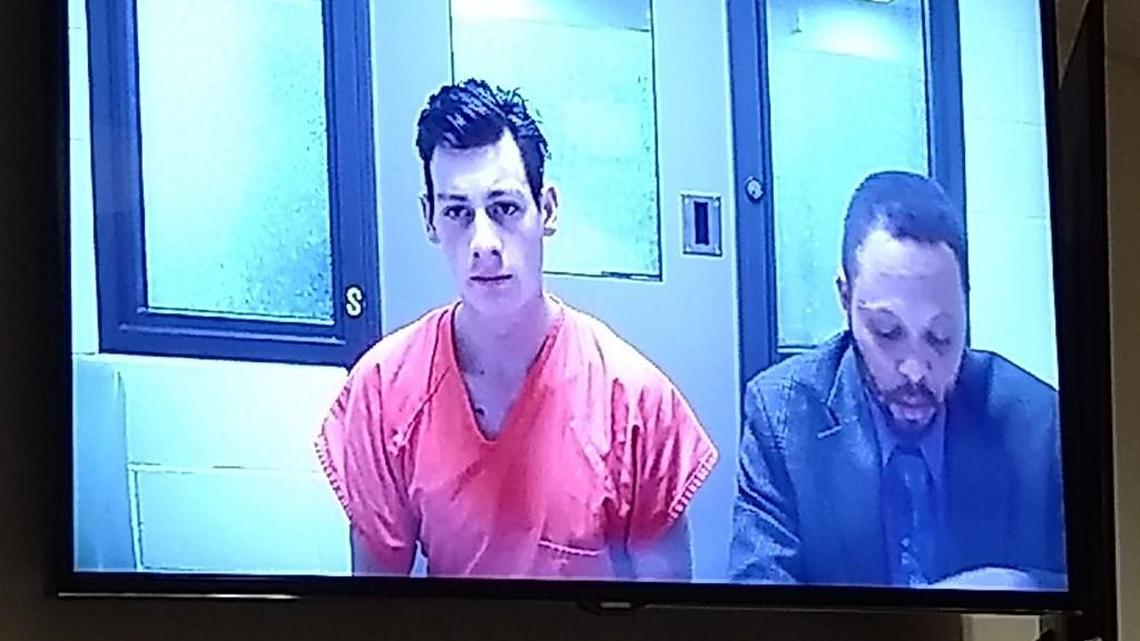 Gavin River, left, appears in Thurston County Superior Court on Friday via video conference with public defender Larry Jefferson.