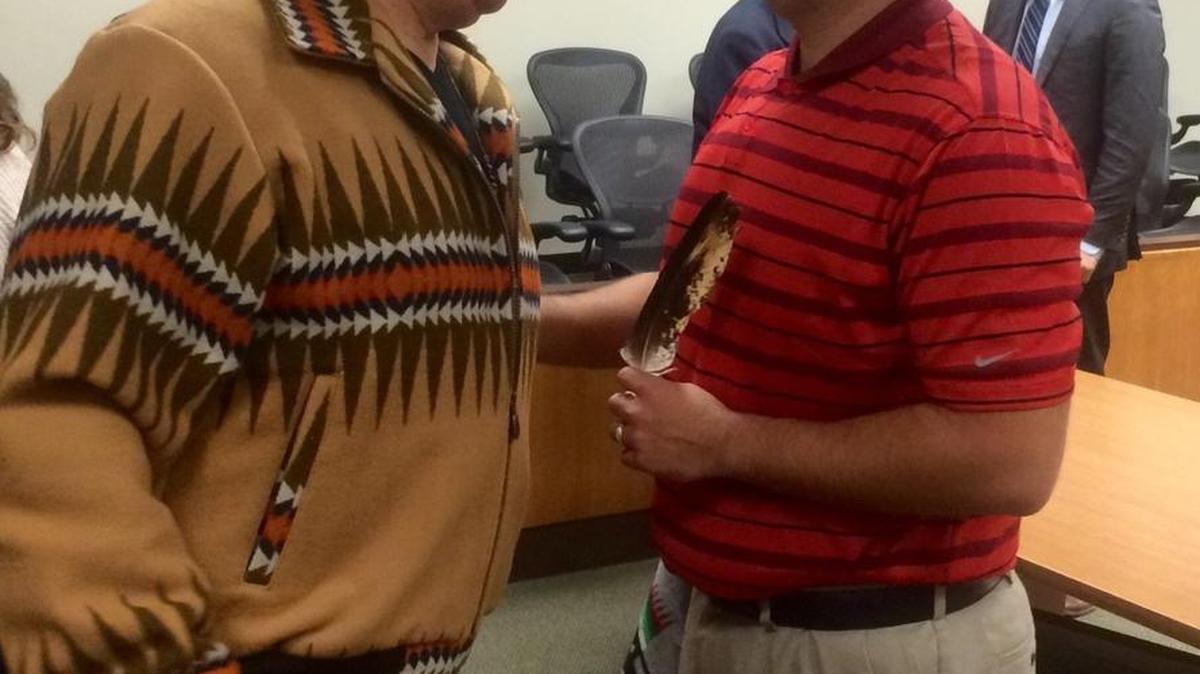 William Frank, right, talks with Nisqually Tribal Council Chairman Farron McCloud Sr. after the judge announced Frank’s sentence Friday in Thurston County Superior Court. Frank must enter a drug treatment facility for three months, followed by six months of electronic home monitoring and 15 months of probation.