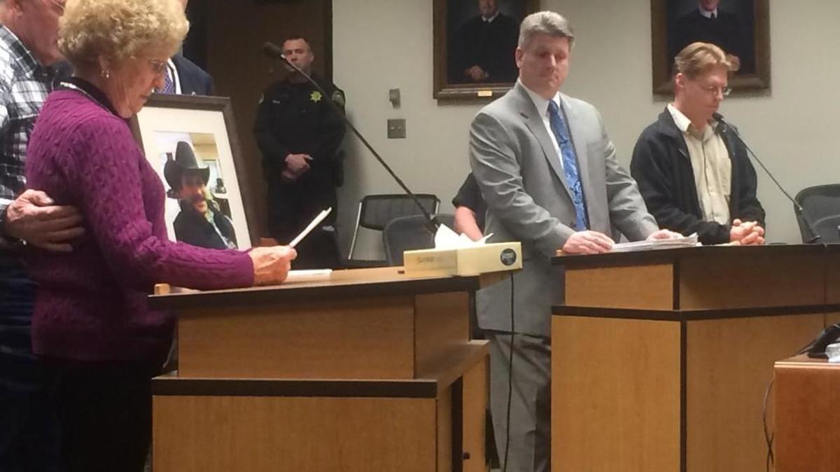 Corey R. Tribble, far right, is sentenced Monday in Thurston County Superior Court to 20 months in prison after pleading guilty to one count of vehicular homicide. The family of victim Kenneth Brackett addressed the court during Monday’s hearing.
