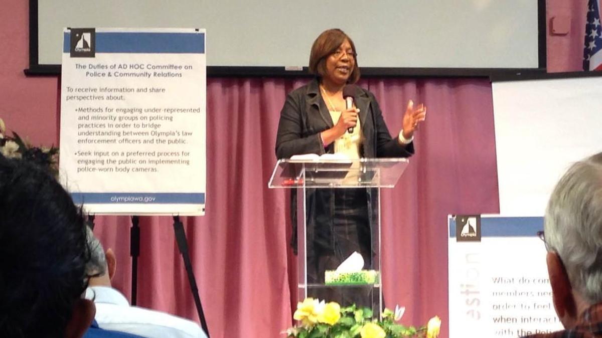 Karen Johnson of the Black Alliance of Thurston County facilitates Saturday’s forum meeting of the Ad Hoc Committee on Police and Community Relations at the Risen Faith Fellowship Church in Olympia.
