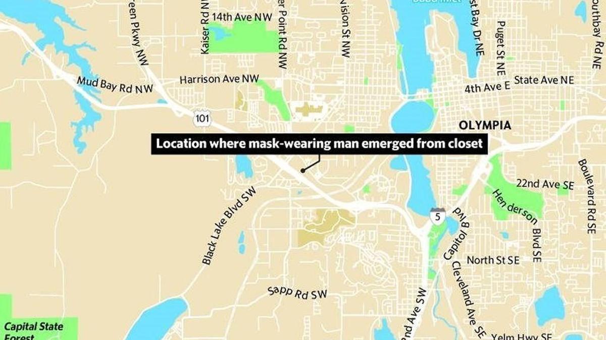 A mask-wearing man startled a family in west Olympia after he emerged from a bedroom closet.