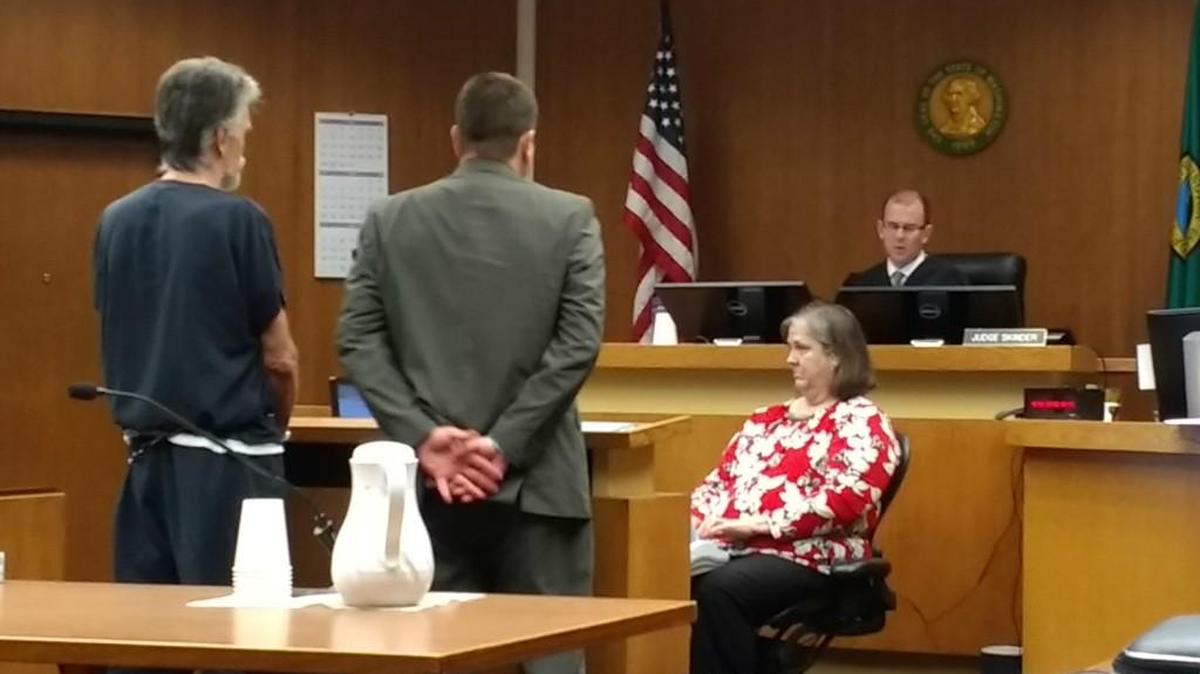 Thomas R. Stanfield (left) pleaded guilty Wednesday to one count of second-degree assault. He was represented by attorney Christopher Taylor (center) and appeared before Thurston County Superior Court Judge John Skinder (right).