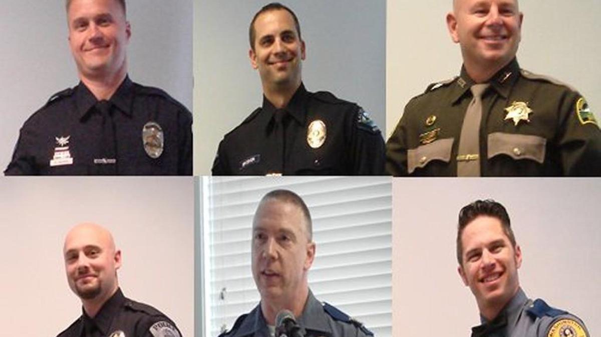 
Top: Olympia police officer, Brian Houser; Lacey police officer, Rich Broeker. Bottom: Thurston County sheriff Dod Ditrich, WSP Assistant Chief, Marc Lamoreaux; and WSP trooper, Corey West. 
