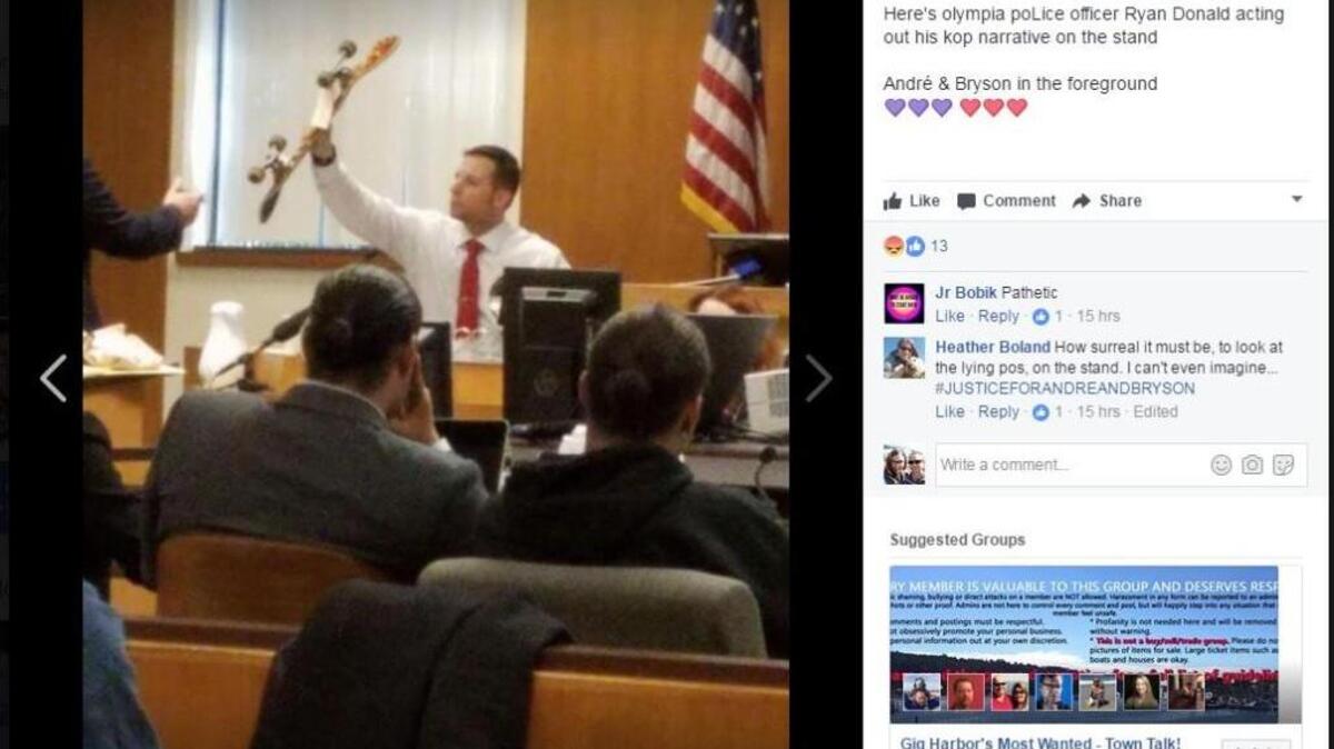 A screenshot shows a photo of Officer Ryan Donald posted to Facebook. The photo was discussed Thursday morning in the trial of Andre Thompson and Bryson Chaplin.