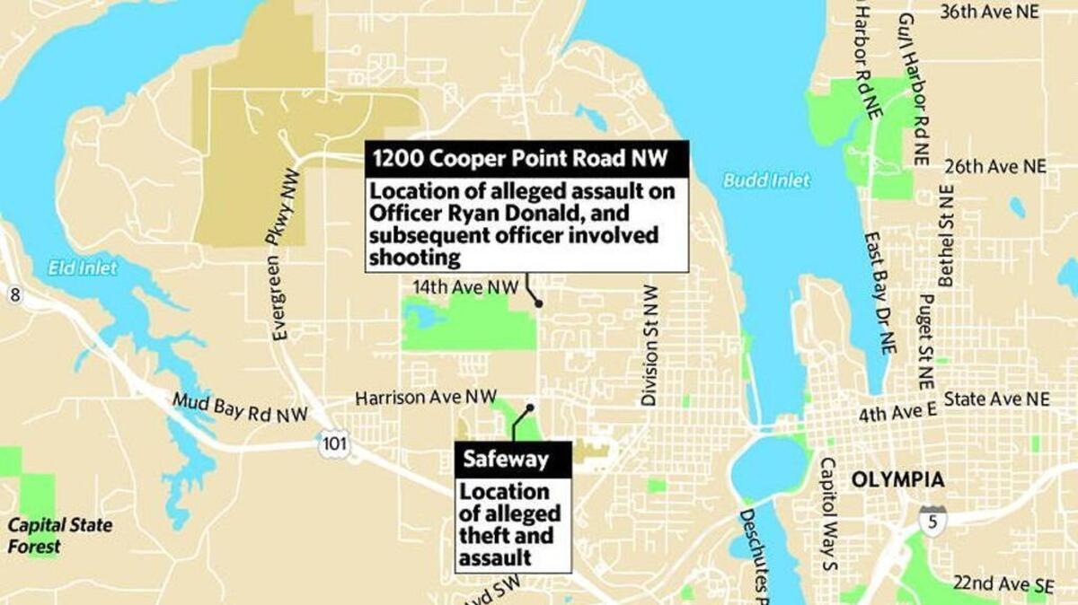 A map shows the location of the west Olympia Safeway, and the scene of the alleged attack on Officer Ryan Donald and subsequent officer involved shooting.