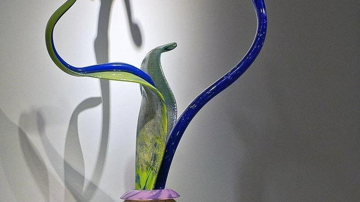 
This glass sculpture by Dale Chihuly, “Gilded Lavender Ikebana with Lapis Stem and Two Leaves,” was damaged by a Tacoma Art Museum visitor on Friday.
