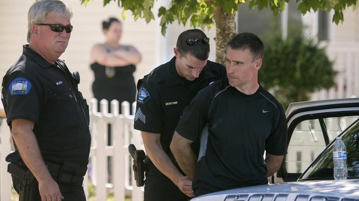 
Lacey police arrest Mark William Balthrop after a domestic violence call Friday on 42nd Lane Southeast in Lacey. While police were responding to the address, a fire started in the home’s garage, prompting firefighters to respond as well.
