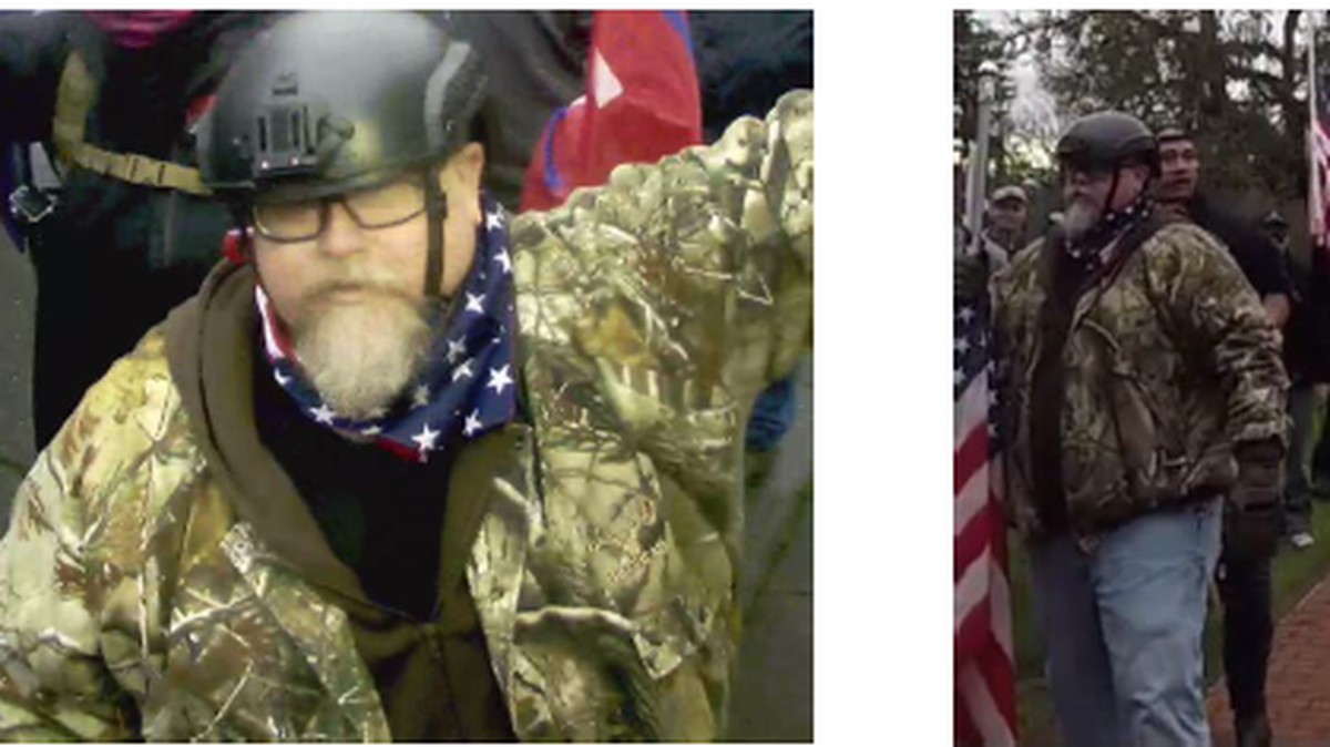 The Washington State Patrol is looking for the man pictured in these photos, who is being investigated for third-degree assault in connection with the breach of the Governor’s Mansion grounds on Jan. 6.